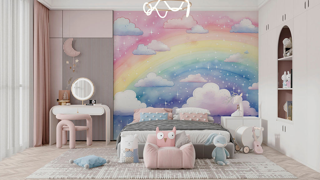 Arcoíris entre nubes y estrellas en el cielo de caramelo