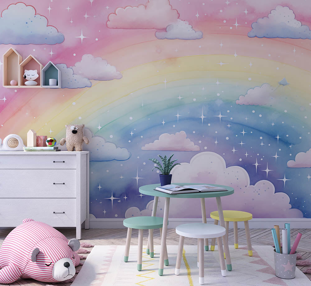 Arcoíris entre nubes y estrellas en el cielo de caramelo