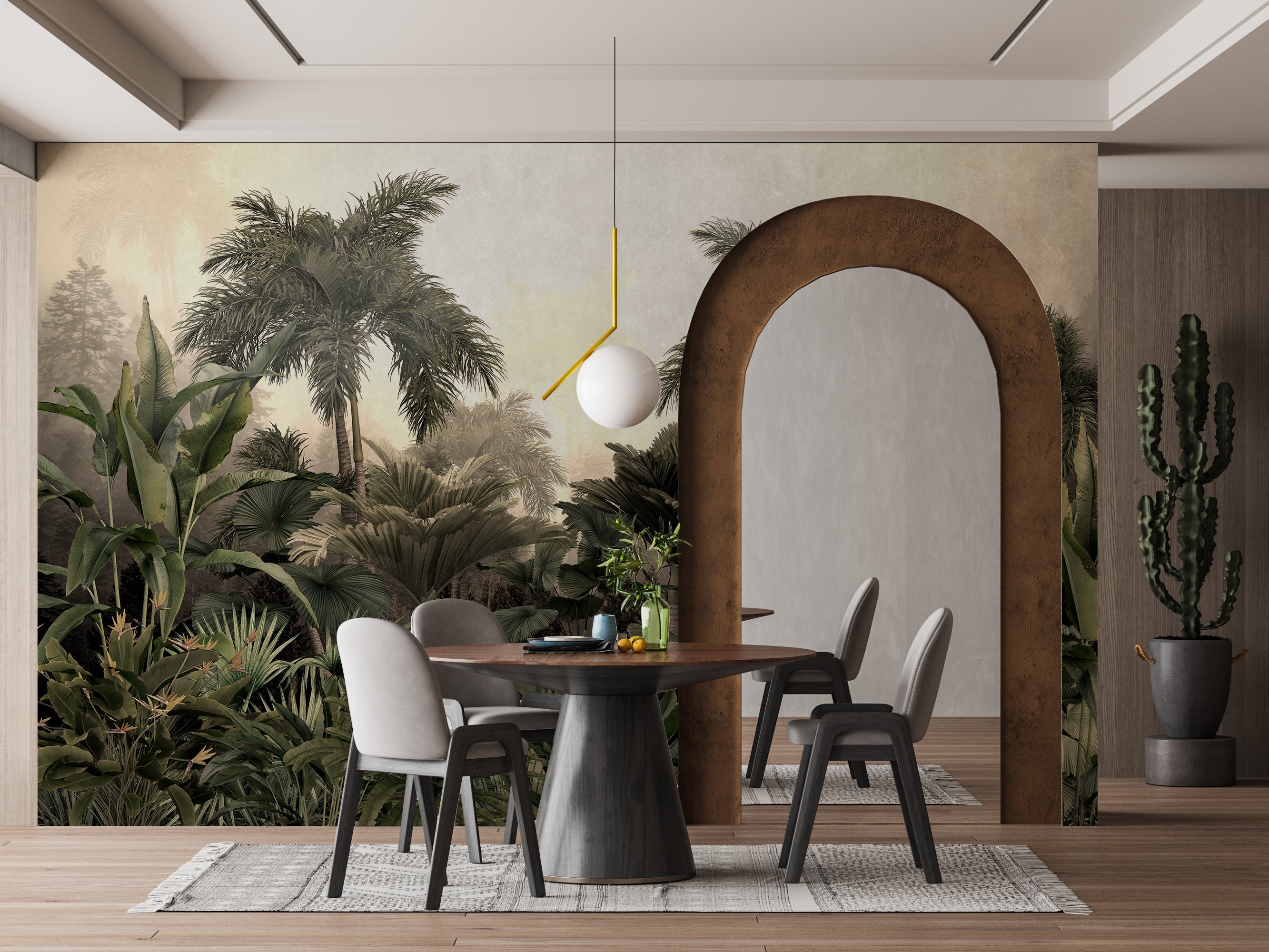 Árboles tropicales y hojas en un bosque nublado.