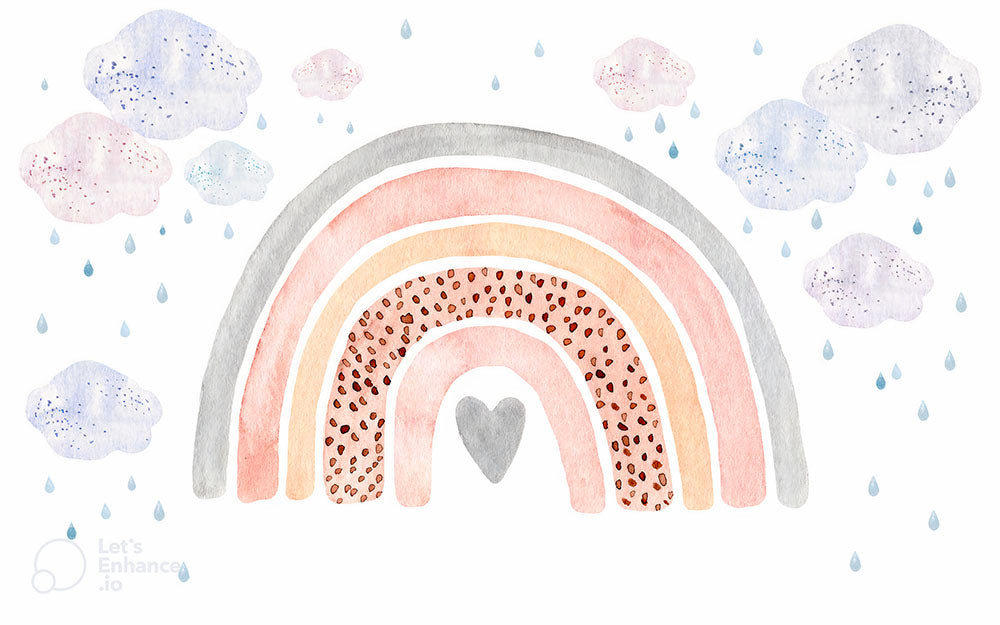 Arcoiris pastel con corazón y lluvia
