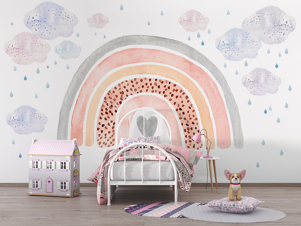 Arcoiris pastel con corazón y lluvia