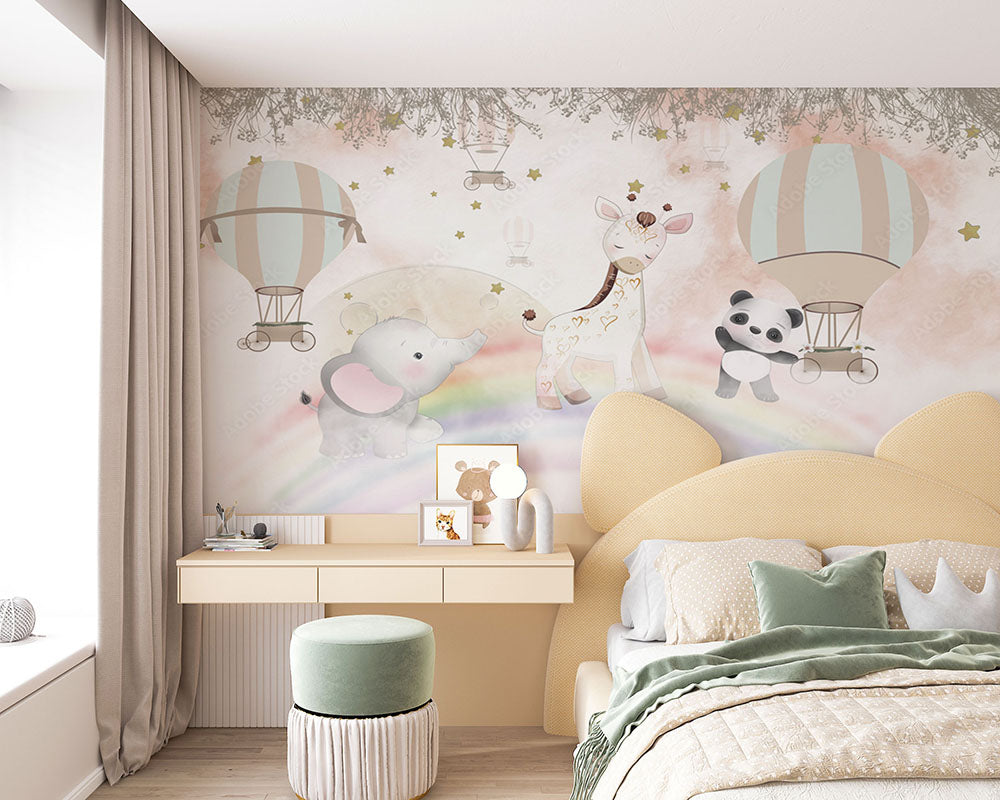 Animales lindos caminando sobre un arcoíris