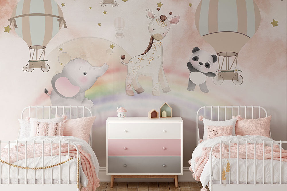 Animales lindos caminando sobre un arcoíris